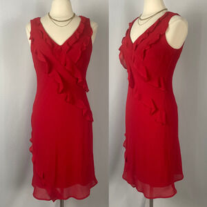 Party Dress Size 8 Red Solid Ruffle Sleeveless Knee Length Cocktail Y2K 90s Vtg